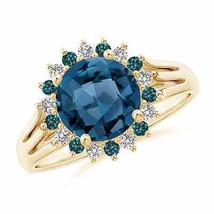 ANGARA London Blue Topaz Triple Shank Ring with Alternating Halo - £720.27 GBP