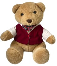 Vtg 80s Arts Toy Stuffed Teddy Bear Plush Animal Furry Red Vest Plaid BowTie 12&quot; - £14.20 GBP