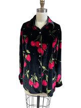 Quacker Factory Cherry Print Velvet Button Up Blouse With Gems Size S EUC - $28.95