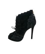 Roger Vivier Black Suede Peep Toe Scalloped Hi Heel Booties Stiletto Hee... - $156.42