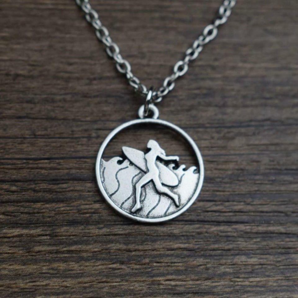 SURFER GIRL NECKLACE 22&quot; Chain Outdoor Adventure Pendant Surfing Surf Beach - $7.95