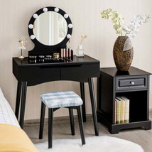 Dressing Table with Large Round Mirror and 8 Light Bulbs for Bedroom-Black - £193.09 GBP