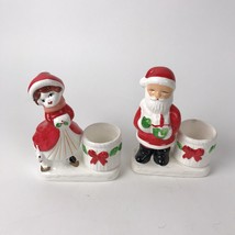 Vtg Christmas Candle Holders 2 pc Lot Santa Girl with Bunny Rabbit kitsch - £15.68 GBP