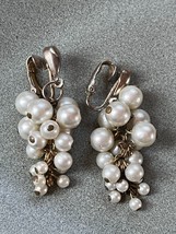 Vintage Goldtone Teardrop w Long Cluster of Faux White Pearl Bead Dangle Clip Ea - £7.56 GBP