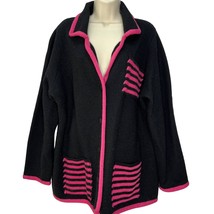 A Giannetti Womens Cardigan Sweater Black Pink Size 1X Wool Button Pockets - £40.37 GBP