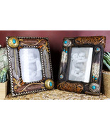 Set Of 2 Rustic Southwestern Boho Feathers Turquoise Gems Scroll Picture... - $63.82 CAD