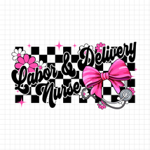 Checkered Labor &amp; Delivery Nurse PNG, L&amp;D Nurse PNG, Pink Bow Stethoscop... - $2.50