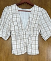 Abercrombie and Fitch Top Plaid V-Neck Puff Sleeve Check Tan &amp; White Shi... - £15.78 GBP