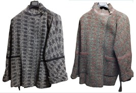Jacket Woman Poncho Pure Wool + Real Leather Tweed Fantasy Chess Vintage 80 - £115.45 GBP
