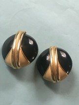 Vintage Large Black &amp; Cream Enamel w Goldtone Accents Round Domed Clip Earrings  - £9.08 GBP