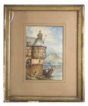 Untitled Medieval House by Lake Watercolor on Paper Unknown Artist 10.5&quot; x 7.5&quot; - £207.73 GBP