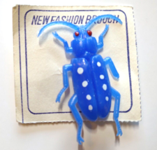 Cricket Fashion Brooch Vintage UNUSED Japan Retro Plastic Bug Pin On Header Blue - £16.08 GBP