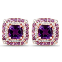 2.50Ct Cushion Cut Simulated Amethyst Halo Stud Earrings 14K Rose Gold Plated - $46.74