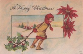 Happy Christmas Child Poinsettia Holly 1915 South Auburn Nebraska Postcard B03 - £2.24 GBP