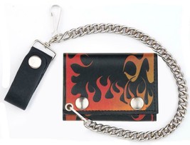 Red &amp; Orange Flames Trifold Motorcycle Biker Wallet W Chain Mens #549 Leather - £9.68 GBP