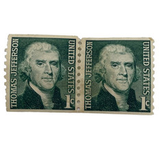 Vintage Thomas Jefferson 1 cent Postage Stamp Green Set 2 Attached 1960s 1c USA - £6.43 GBP