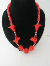 Red Orange Necklace Vintage Plastic Calily Flowers 23.5&quot; Long Silver Ton... - £23.88 GBP