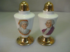 Salt Pepper Shakers George &amp; Martha Washington With Stopper Gold Tone Top &amp; Base - £10.21 GBP