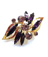 Vintage Amethyst  Purple Navette Rhinestone Brooch Gold Tone Double Leaf  - £14.47 GBP