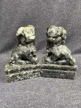 Antique Vintage Chinese Carved Foo Dog 5 3/4” Tall Soapstone Statues Book Ends - £30.29 GBP