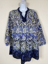 Style &amp; Co Womens Size L Blue Paisley Pleated V-neck Blouse Long Sleeve Cotton - £5.74 GBP