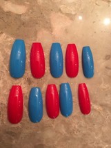 Set Of Painted Red Blue Bomb pop long coffin Ballerina Stilettos False Nails - £6.36 GBP