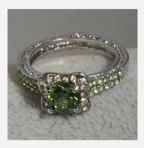 Silver Lime Green Rhinestone Costume Ring Size 10 - $39.99