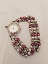 Vivani Womens Bali Style Maroon Bead Silver Tone Bracelet Watch 7.5 inch - $23.04