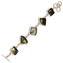 Black Rutilated Quartz Mix Shaped Cabochon Gemstone 925 Silver Handmade Bracelet - £15.17 GBP