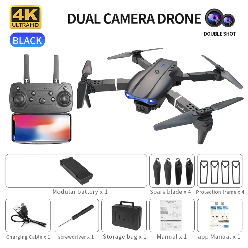 QJ E99 K3 Pro 4K Drone - Dual Camera, Foldable RC Quadcopter (Black-Dual... - $43.00