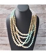 Vintage Necklace - Gold Tone, Cream, Light Turquoise Statement Necklace - £14.15 GBP