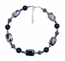 Vintage Etched Silver Black Purple Polished Marbled Stone Necklace - £14.09 GBP
