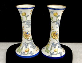 Set of 2 Antique Trumpet Bud Vases, Hand Painted Nippon, Abstract Floral Pattern - £15.60 GBP