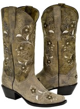 Womens Cowboy Boots Light Brown Western Wear Leather Floral Embroidered Square - £77.53 GBP