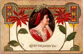 New Year Embossed Poinsettia Gold Lady Red Bandana Posted 1909 Antique Postcard - £5.87 GBP