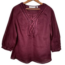 Edina Ronay Linen Top Tunic M Ribbon Embellished Blouse Crochet Purple B... - £23.67 GBP