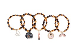 Brown Wood Ball Bead Gold Plated Black Pride Charms Stretch Bracelet Set - £42.92 GBP