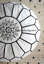 Handmade &amp; Hand-Stitched Moroccan Pouf, Genuine Leather Ottoman, White &amp; Black  - £63.94 GBP