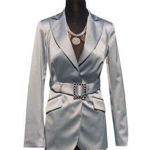 Cache Silver Gray Rhinestone Self-Belt Top Jacket Lined Satin Stretch NWT $238 - $95.20