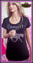 L XL Black Cowgirl WESTERN PINK Rhinestone Horse Rider T-Shirt Top Shirt Pullovr - $19.99