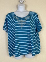 Onque Casual Women Plus Sz 3X Blue Stripe Rhinestone V-neck T-shirt Short Sleeve - £10.66 GBP