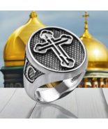 925 Sterling Silver Eastern Orthodox Cross Oval Signet Ring Men&#39;s Statem... - $233.22 CAD