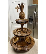 Vintage Teak Wood Hand Carved 3 Tier Lazy Susan Pineapple Server Hawaiian - $107.81 CAD