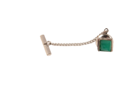 Vintage Tie Tack and Chain With Green Stone and Silver Tone - £3.98 GBP