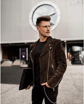 Lambskin New Handmade Designer Leather Brown Motorcycle Jacket Button Men Suede - £100.66 GBP+
