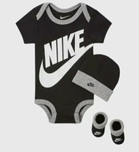 Nike Baby Bodysuit Booties, &amp; Hat Black Grey 3-Piece Box Set  0-6 Months - £21.75 GBP