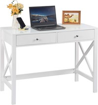 White Home Office Desk With Drawers, Modern Writing Computer Desk, Small Makeup - £133.05 GBP