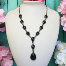 Black Teardrop Lucite Gun Tone Link Lariat Necklace Elegant Dangle Necklace - £13.07 GBP