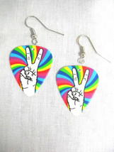Peace Sign Hand Symbol Rainbow Color Background Printed Guitar Pick Earrings - £6.35 GBP