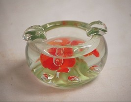 Vintage St. Clair Blown Art Glass Ashtray Paperweight Red Orange Flowers Bubbles - £23.34 GBP